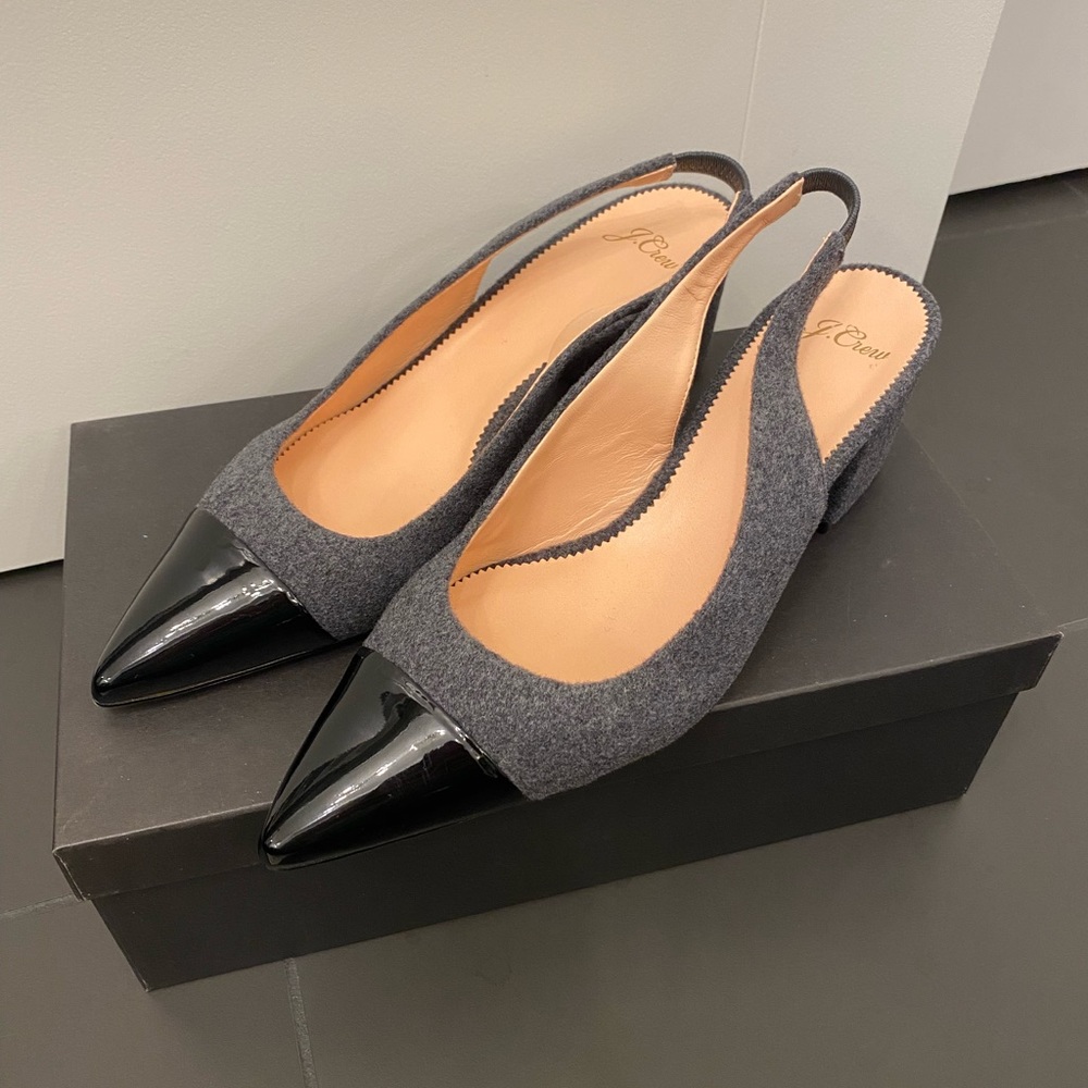J. Crew Wool & Black Patent Leather Slingback Heels